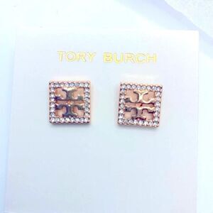 New Tory Burch Rose Gold Pave Sqaure Stud Earrings